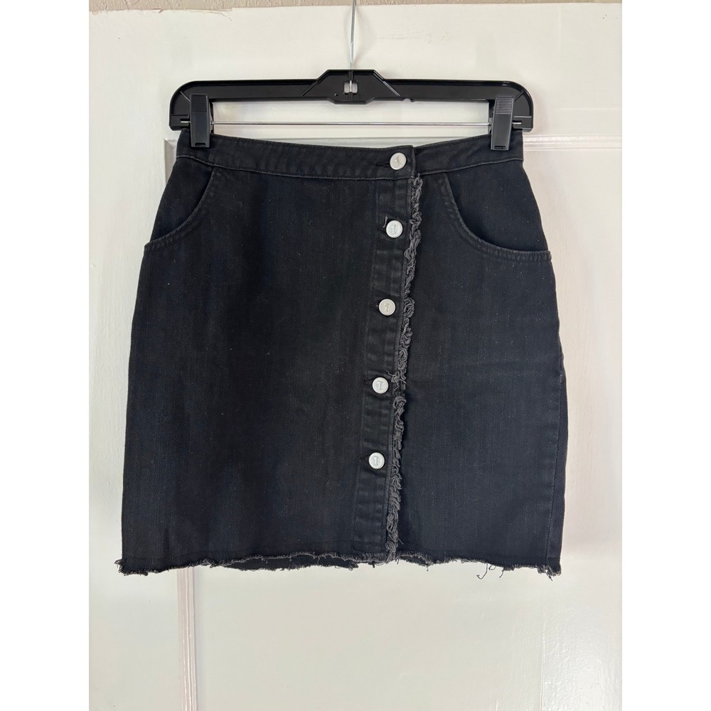 Pilcro and the Letterpress Black Denim Button Front‎ Mini Skirt Raw Hem Size 0